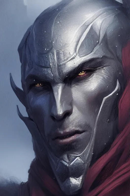 Prompt: head and shoulders portrait of an eldrich knight, drow, dark elf, shadar kai, male, high fantasy, d & d, by greg rutkowski, face details, extremely detailed, digital illustration