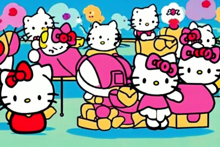 Image similar to animated cartoon film of hello kitty at the gym, big muscles hello kitty by sanrio