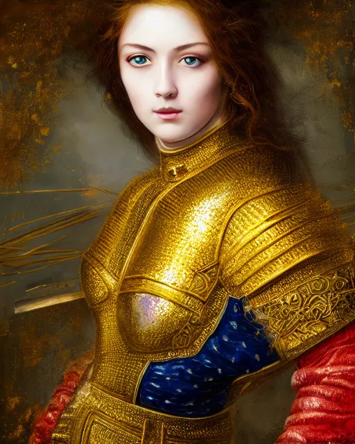 Image similar to enamel painting portrait of woman in shining golden armor, high production value, intricate details, high resolution, hdr, high definition, masterpiece, realistic, ultrarealistic, highly detailed, hd, sharp focus, non blurry, sharp, smooth