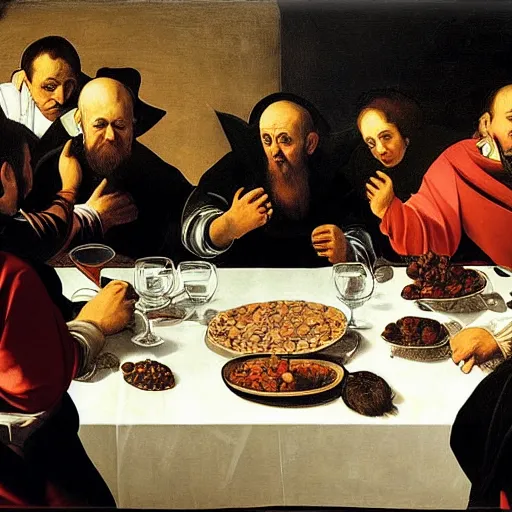 Image similar to painting of Leaders of the world having supper together, style of Caravaggio