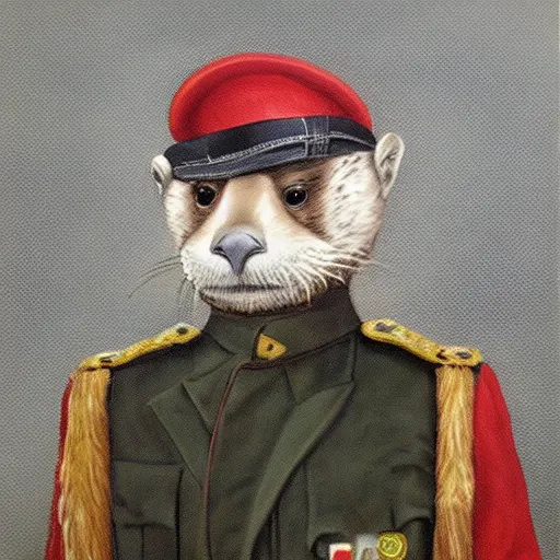 Image similar to oil painting of an anthropomorphic otter in military uniform