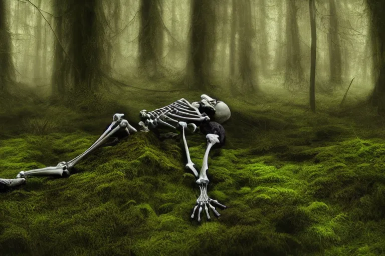 Prompt: human skeleton behind computer overgrown with moss, in forest, dark atmosphere, fantasy illustration, digital art