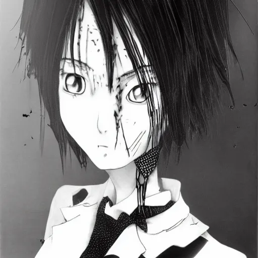 Image similar to yoshitaka amano realistic photo of an anime girl with black eyes, wavy white hair and cracks on her face wearing dress suit with tie fluttering in the wind, abstract black and white patterns on the background, cross earring, noisy film grain effect, highly detailed, closeup portrait shot, weird portrait angle