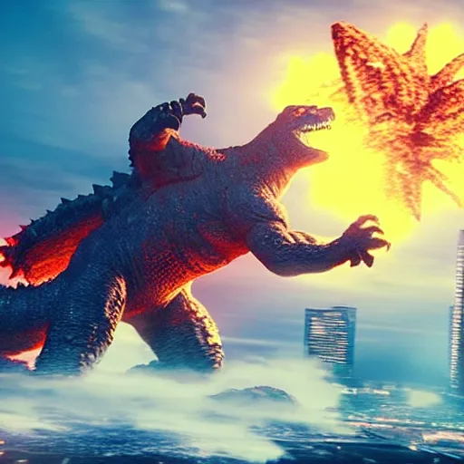 Image similar to nick clegg fighting godzilla, unreal engine, vfx, shaders, ray tracing, 3 d animation, sharp, vaporwave