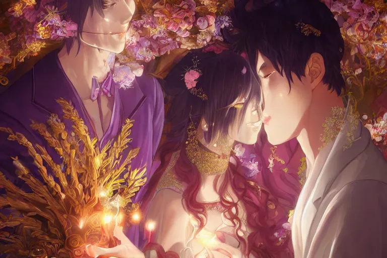Image similar to a dreamlike portrait of wedding close up moment of a divine a japan sun god and moon goddess lovers magician at a wedding banquet. highly detailed, digital painting, fantasy wedding screen, 8 k realistic, hyper detailed, by makoto shinkai and akihiko yoshida and hidari and wlop