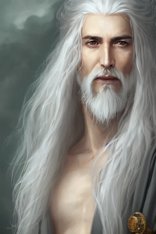 Prompt: white haired robe fu xi full male front body portrait, very long white beard and hair, long hair shawl, fine kindness delicate prefect face features gaze, piercing eye, elegant, style of tom bagshaw, cedric peyravernay, peter mohrbacher, victo nga, 4 k hd illustrative wallpaper, animation style, chinese style