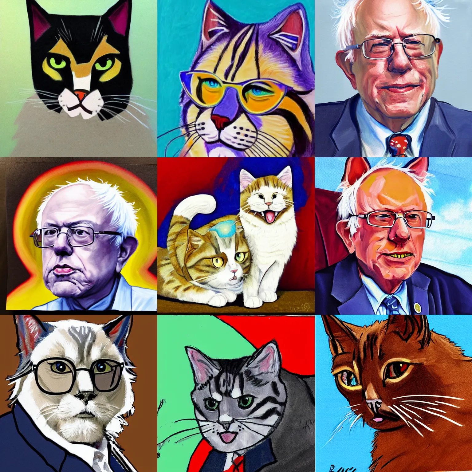 Prompt: painting of bernie sanders as a cat furry, 8 k, well drawn, beautiful, colorful