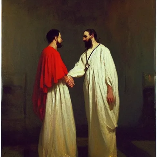 Image similar to A portrait of God and Death shaking hands, vertical symmetry, wide shot, photorealistic, beautiful moody artwork by Ilya Repin and Asher Duran