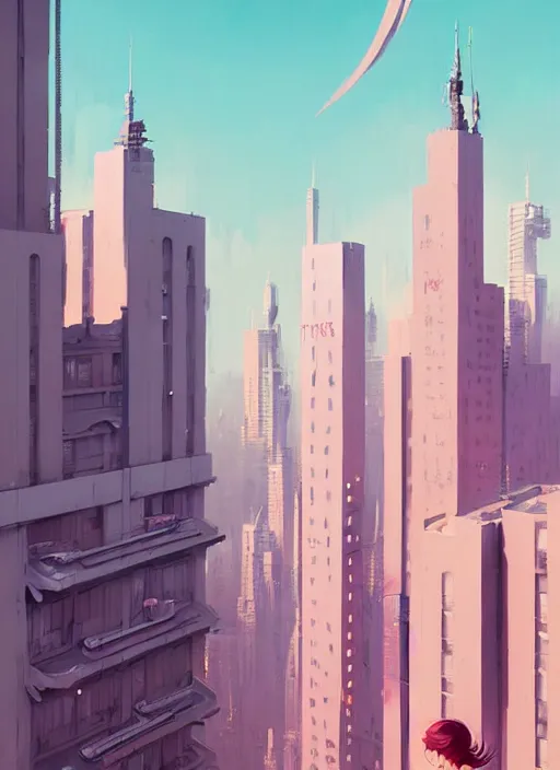 Image similar to highly detailed matte painting, of a 3 d calligraphy graffiti tag city highrise buildings, by atey ghailan, by greg rutkowski, by greg tocchini, by james gilleard, by joe fenton, by kaethe butcher, pink, brown, light blue and white mystical color scheme, grunge aesthetic, octane render