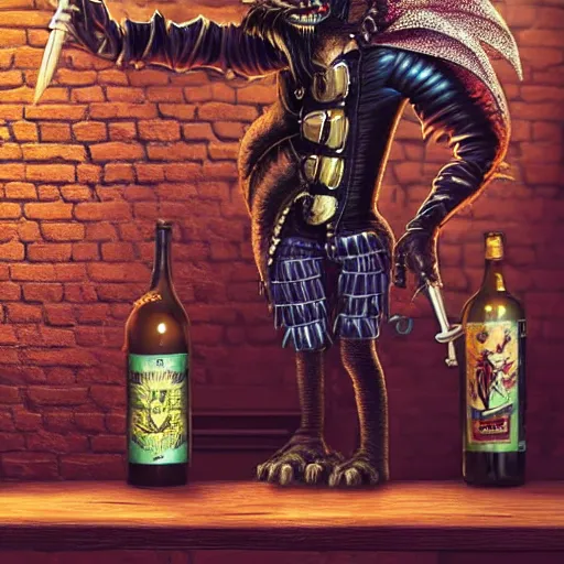 Prompt: a anthropomorphic dragon dressed like a punk drinking in a bar Trending on artstation DeviantArt Pinterest furaffinty Photorealistic HD 8k highlights and shadow detailed High Resolution