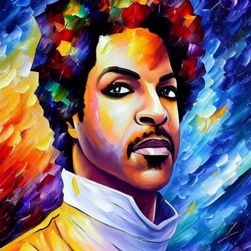 Image similar to a painting of prince in space in the style of leonid afremov. trending on artstation.