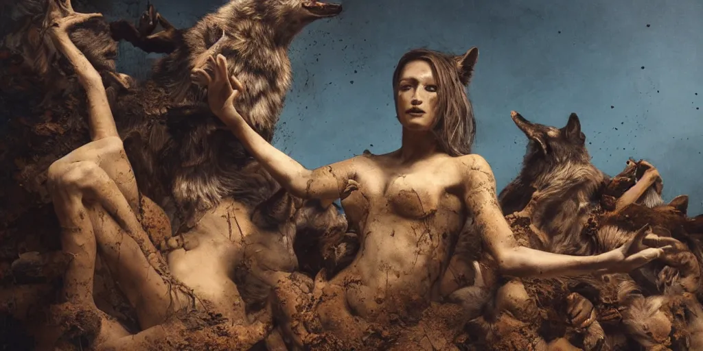 Image similar to highly detailed photography of a woman made of rust clay, surrounded by wolves, big rocks, hand gesture, dust particles, dramatic scene, aesthetic, dynamic lighting, masterpiece, by roberto ferri, blue background, high quality, spatula