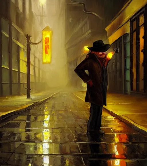 Image similar to wolf detective in a raincoat and a hat standing in a empty alley, smoking a cigarette, being illuminated by yellow street lights behind. oil painting. trending on artstation.