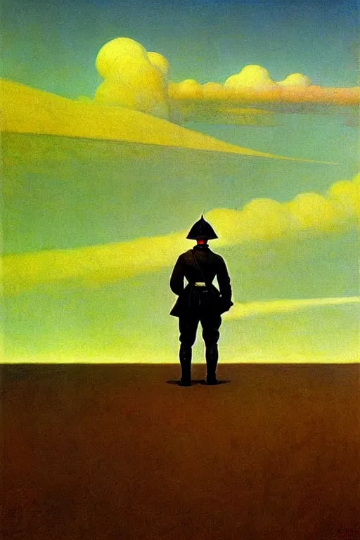 Image similar to world war 1 soldier goes into horizon, edward hopper and james gilleard zdzislaw beksisnski higly detailed