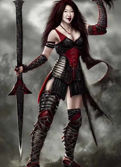 Prompt: female vampire warrior holding a monstrous zweihander, full portrait, smiling, muscular, flying, modest outfit, barefoot, foot wraps, exposed toes, black plate armor, historical armor, realistic armor, metal mask, ghostblade, wlop, east asian fantasy.