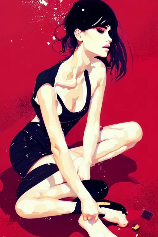 Prompt: a ultradetailed beautiful painting of a stylish woman sitting on the floor of a tiled room, by conrad roset, greg rutkowski and ilya kuvshinov trending on artstation