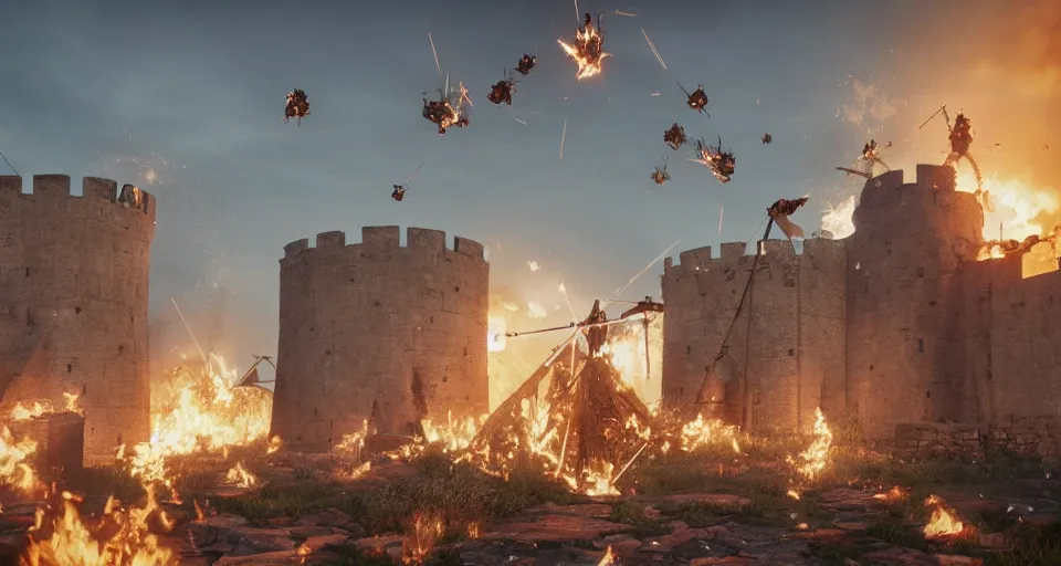 Image similar to five giant and powerful medieval trebuchets fireing on a medieval fortress, destroying the walls, fire and explosion, debris flying around, octane render, unreal engine