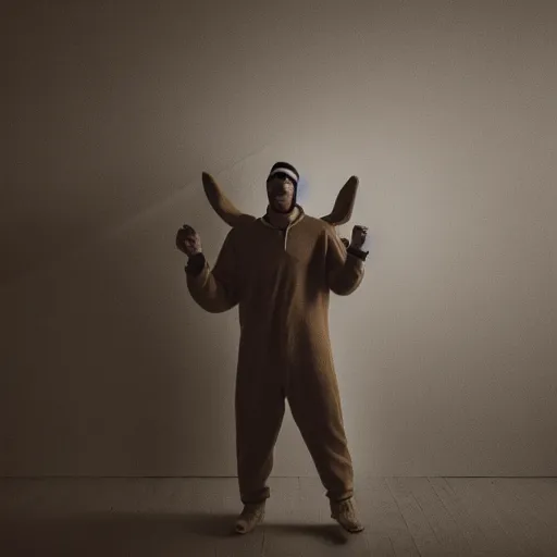 Image similar to Man with a rabbit costume in the attic, dark, shadows, night, 8k Photography