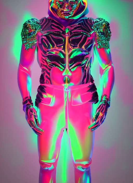 Prompt: photo of baroque and bladerunner geometric neon ruby sculpture of orgasmic muscular albino prince maluma striped tiger pink iridescent humanoid deity wearing black fluffy hoody holding diamond skull in a black metallic dungeon, reclining, glowing rainbow face, crown of white diamonds, cinematic lighting, photorealistic, octane render 8 k depth of field 3 d