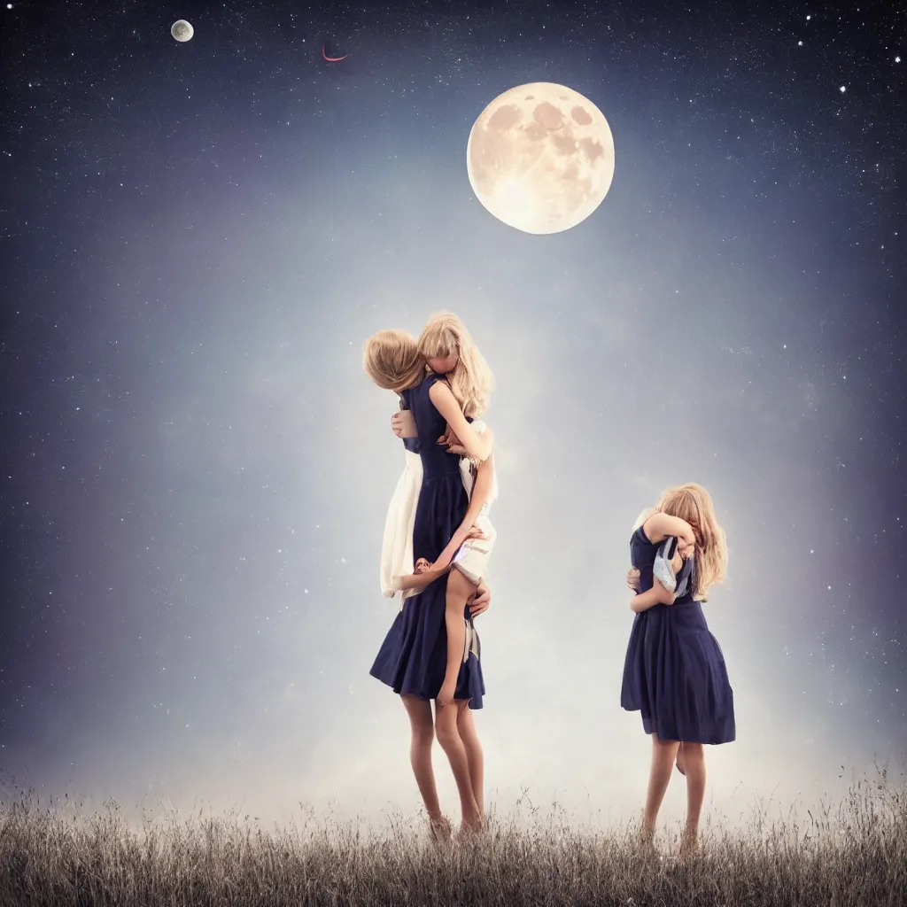 Prompt: girl hugs the moon, dress, realistic, night, light