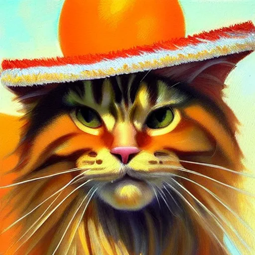 Prompt: Beautiful Oil painting of an orange Maine-coon with a white beard. wearing a wide-brimmed straw sombrero sombrero