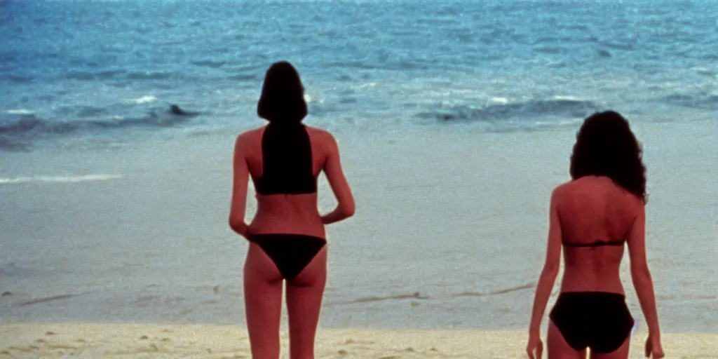 Prompt: color film still, view from behind, a woman in black bikini standing on the beach ; alien 2 ( 1 9 8 6 )