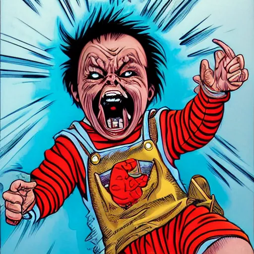 Image similar to a portrait of young chucky doll screaming by arthur adams