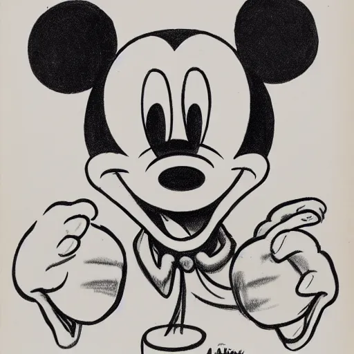 Image similar to mickey mouse playing with a skull first sketch, original drawing, 1 9 3 0, walt disney sketch