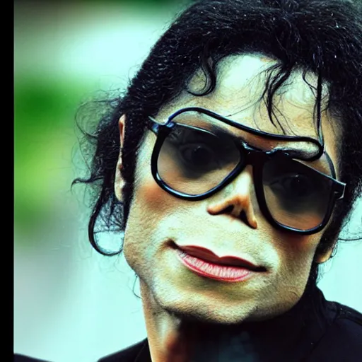 Image similar to michael jackson 2 0 0 9 wearing shades, this is it style, photo real, pores, motion blur, sitting with bubbles the chimp window open, real life, spotted, ultra realistic face, accurate, 4 k, movie still, uhd, sharp, detailed, cinematic, render, modern