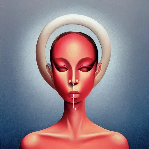 Image similar to a painting of a woman, an ultrafine detailed painting by rafal olbinski, behance contest winner, pop surrealism, detailed painting, very detailed, minimalist, skeuomorphic, airbrush art