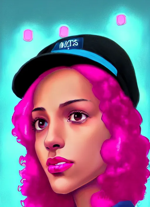 Image similar to portrait of teenage vanessa morgan with bright pink hair, black girl, curly pixie cut hair, wearing newsboy cap, pink short haircut, newsboy cap, hoop earrings, blue eyes, intricate, elegant, glowing lights, highly detailed, digital painting, artstation, concept art, smooth, sharp focus, illustration, art by wlop, mars ravelo and greg rutkowski