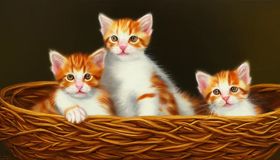 Image similar to highly detailed painting of cute furry calico and ginger tabby kittens cuddled up in a basket by william turner, thick brush strokes and visible paint layers, 4 k resolution