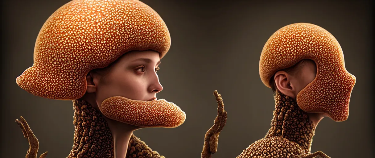 Image similar to hyperrealist highly detailed english medieval portrait of high fashion model wearing fungal fungus fungal growpth mycelia mycel mycelia funal spores spores mycel network armor, lopsided obscure body shape, radiating atomic neon corals, concept art pascal blanche dramatic studio lighting 8k wide angle shallow depth of field