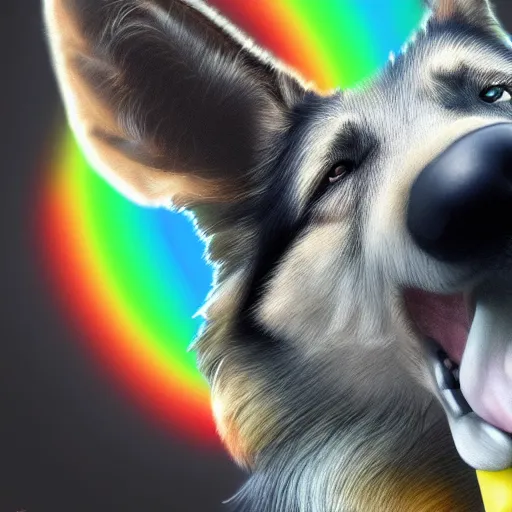 Prompt: german shepherd fursona with a rainbow tail, photo realistic, beautiful, high detail, trending on artstation.