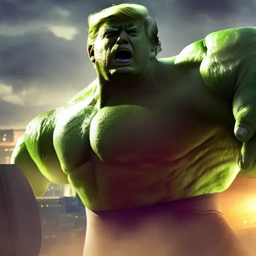 Image similar to Donald Trump cast as hulk, still from marvel movie, hyperrealistic, 8k, Octane Render,