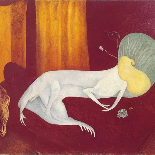 Image similar to portrait of a young sleeping dragon, dimmed light golden foil bed, Leonora Carrington painting