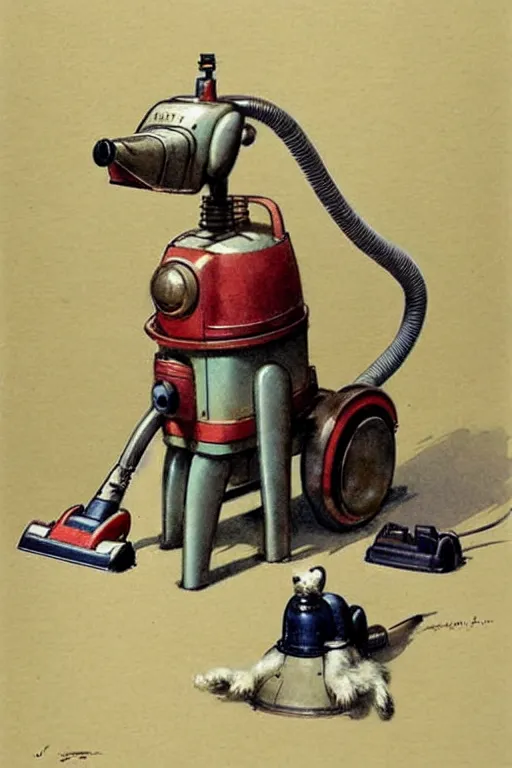 Prompt: (((((1950s retro robot dog vacuum cleaner. muted colors.))))) by Jean-Baptiste Monge !!!!!!!!!!!!!!!!!!!!!!!!!!!