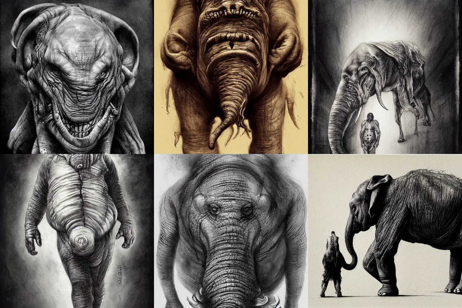 Prompt: a human elephant hybrid monster a very horrific look, intimidating appearance. By Stephen Gammell, Trending on ArtStation