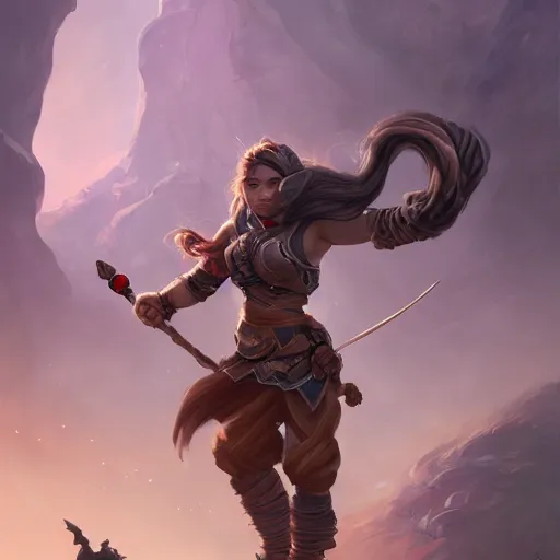Prompt: action portrait of a female dwarf fist-fighter with braided hair, dramatic 4K trending on artstation by peter mohrbacher wide-angle photo
