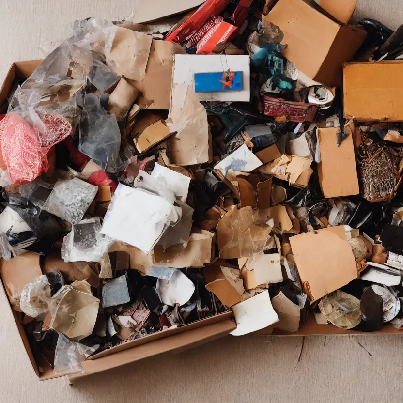 Prompt: a box of objects, various sizes, indoors, photograph