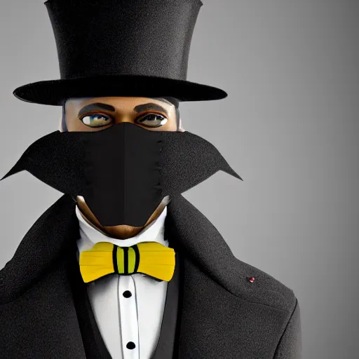 Image similar to a highly detailed portrait of a man in a high top hat covering his face, in a black tailcoat with a yellow waistcoat under the tailcoat, artstation, deviantart, professional, unreal engine 5, photorealistic