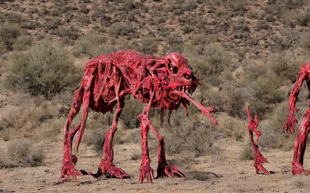 Image similar to in the desert a bloody gross horrifying The Thing creature made of muscle and bone and blood stares at the camera, eating, it walks on two legs, mid day, 35mm photography, realistic,