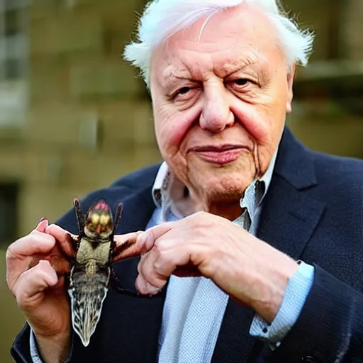 Image similar to Sir David Attenborough holding Mothman