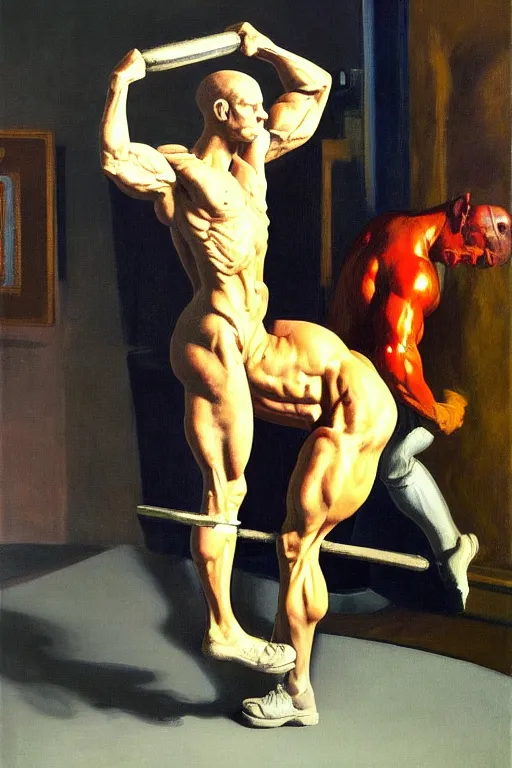 Image similar to astronaut bodybuilder lifts horse statue, highly detailed painting by francis bacon, edward hopper, adrian ghenie, gerhard richter, and james jean soft light 4 k,