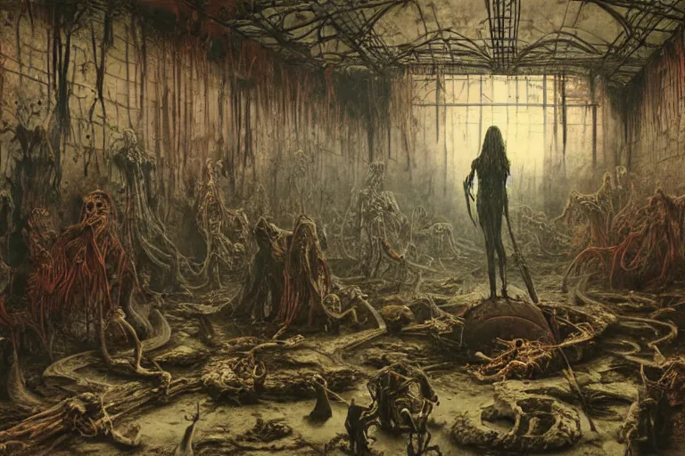 Prompt: an eerie painting of a cacophony of demons sacrificing humans in a grungy derelict georgian manor interior with colourful graffiti on the walls and garbage scattered on the floor, reclaimed by nature by zdzisław beksinski, wayne barlowe, hr giger, luis royo, agostino arrivabene