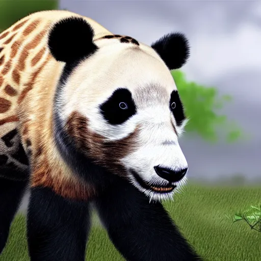 Prompt: photorealistic render of a panda combined with a giraffe