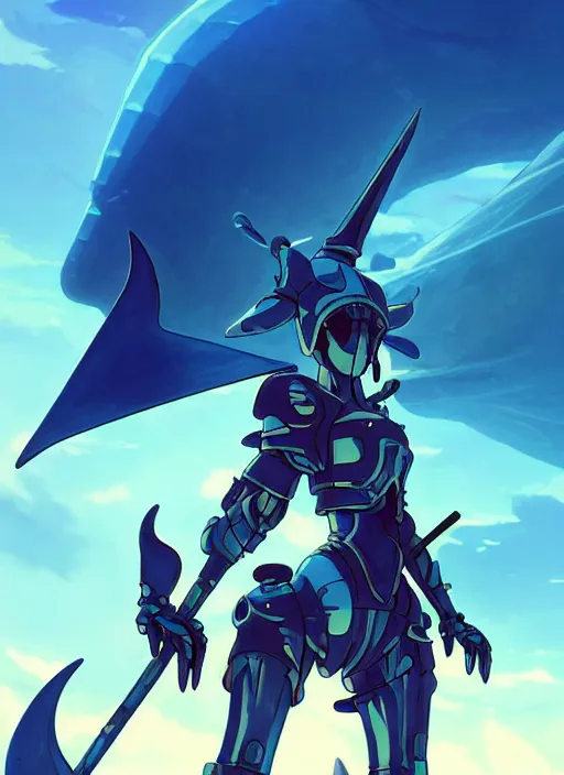 Image similar to close up of a mech armor witch holding a trident, extremely beautiful and aesthetic and detailed cute face and body, back shark fin, big wave horizon, specular reflection, occlusion shadow, dynamic pose, slightly smiling, blue sky, big blade whale and black giants minotaurus, fantasy illustrations, by makoto shinkai and peter mohrbacher and ferdinand knab