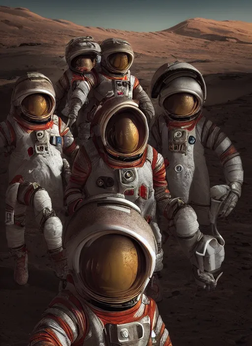 Image similar to group closeup portrait of medieval goblins wearing spacesuits on mars, depth of field, zeiss lens, detailed, symmetrical, centered, fashion photoshoot, by annie leibovitz and steve mccurry, david lazar, jimmy nelsson, breathtaking, 8 k resolution, extremely detailed, beautiful, establishing shot, artistic, hyperrealistic, beautiful face, octane render