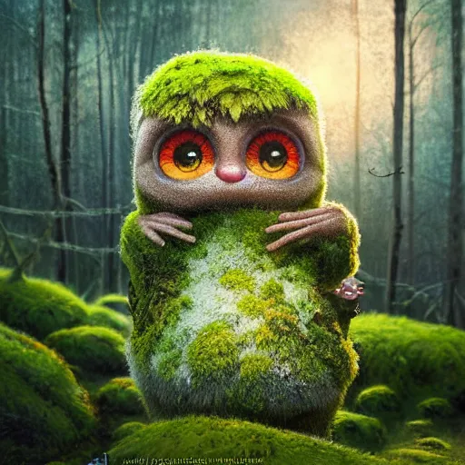 Image similar to a highly detailed painting of a tiny cute mossy forest creature by bobby chiu, big amber eyes, smiling, at sunset, macro photography, goro fujita