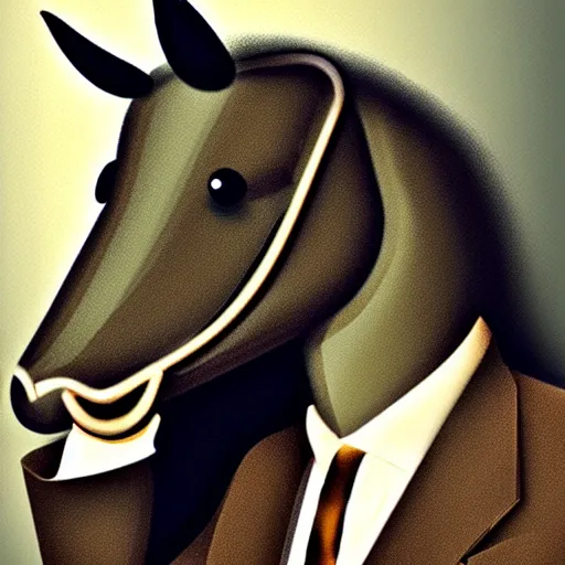 Image similar to an antropomorphic horse wearing a suit smoking a cigar